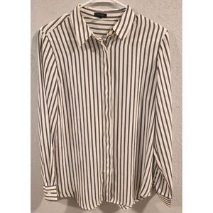 Ann Taylor Black White Stripe Button Front Dress Shirt Sz‎ Medium Career Wear